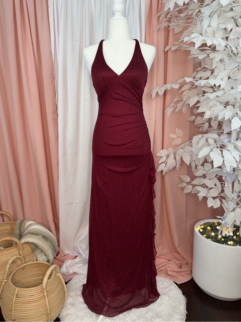 City Triangles Burgundy Halter Glitter Prom Gown